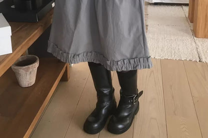 Black Midi A-Line Skirt with Ruffled Waistband