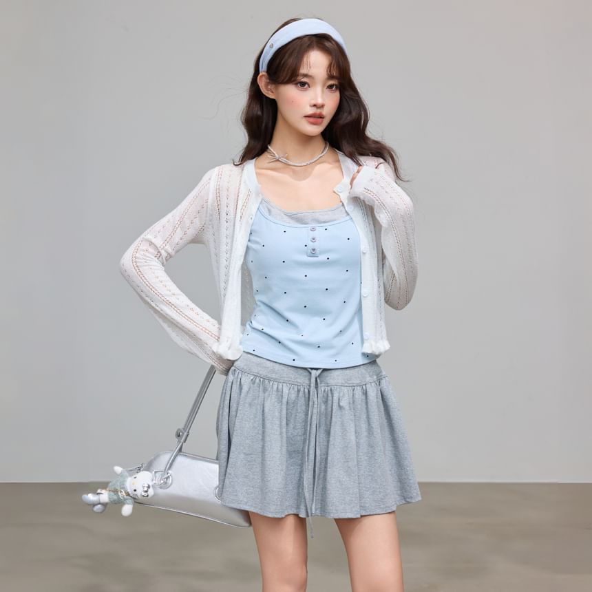 Mock Two-Piece Scoop Neck Polka Dot Padded Crop Camisole Top / Crew Neck Perforated Button-Up Plain Cardigan