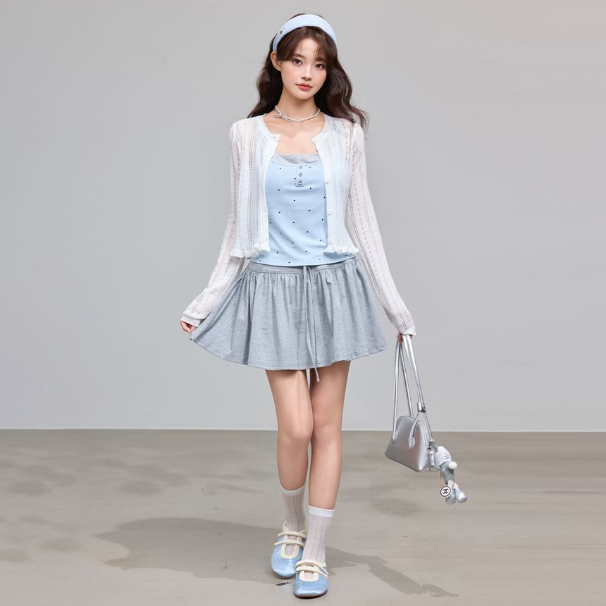 Mock Two-Piece Scoop Neck Polka Dot Padded Crop Camisole Top / Crew Neck Perforated Button-Up Plain Cardigan