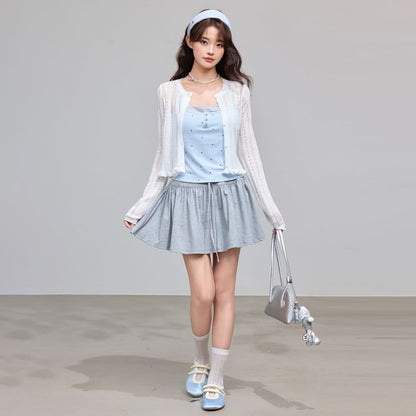 Mock Two-Piece Scoop Neck Polka Dot Padded Crop Camisole Top / Crew Neck Perforated Button-Up Plain Cardigan
