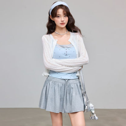 Mock Two-Piece Scoop Neck Polka Dot Padded Crop Camisole Top / Crew Neck Perforated Button-Up Plain Cardigan