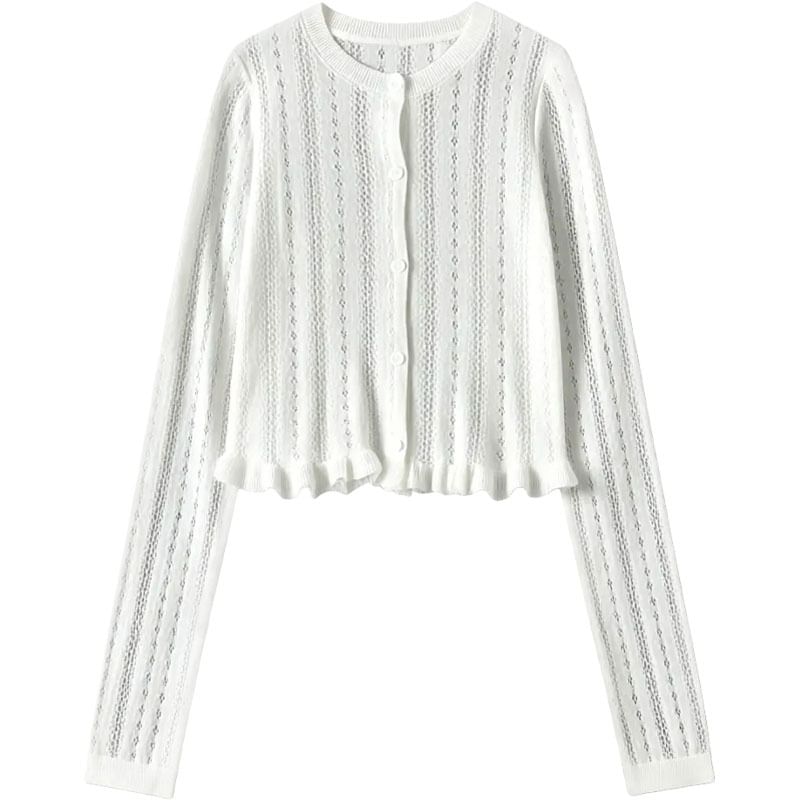 Mock Two-Piece Scoop Neck Polka Dot Padded Crop Camisole Top / Crew Neck Perforated Button-Up Plain Cardigan