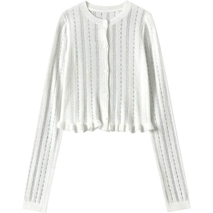 Mock Two-Piece Scoop Neck Polka Dot Padded Crop Camisole Top / Crew Neck Perforated Button-Up Plain Cardigan
