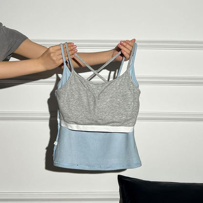 Mock Two-Piece Scoop Neck Polka Dot Padded Crop Camisole Top / Crew Neck Perforated Button-Up Plain Cardigan