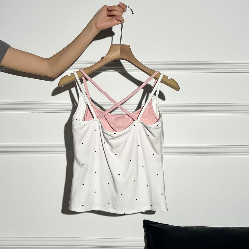 Mock Two-Piece Scoop Neck Polka Dot Padded Crop Camisole Top / Crew Neck Perforated Button-Up Plain Cardigan