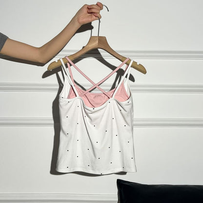 Mock Two-Piece Scoop Neck Polka Dot Padded Crop Camisole Top / Crew Neck Perforated Button-Up Plain Cardigan