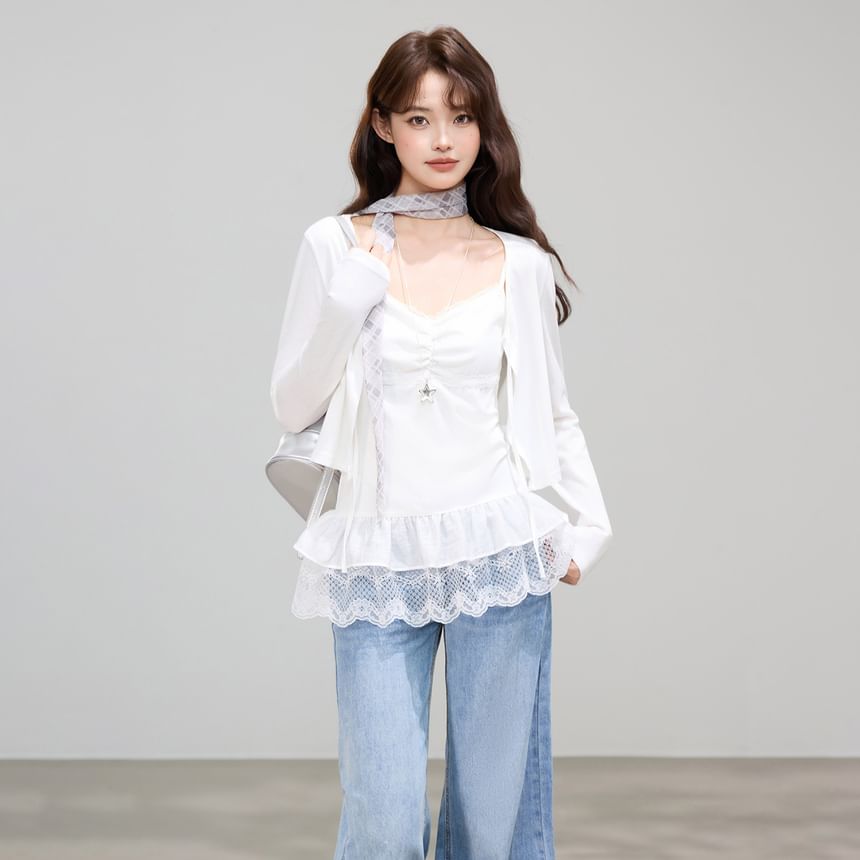 V-Neck Lace Panel Ruched Camisole Top / Plain Tie Front Crop Cardigan / Set