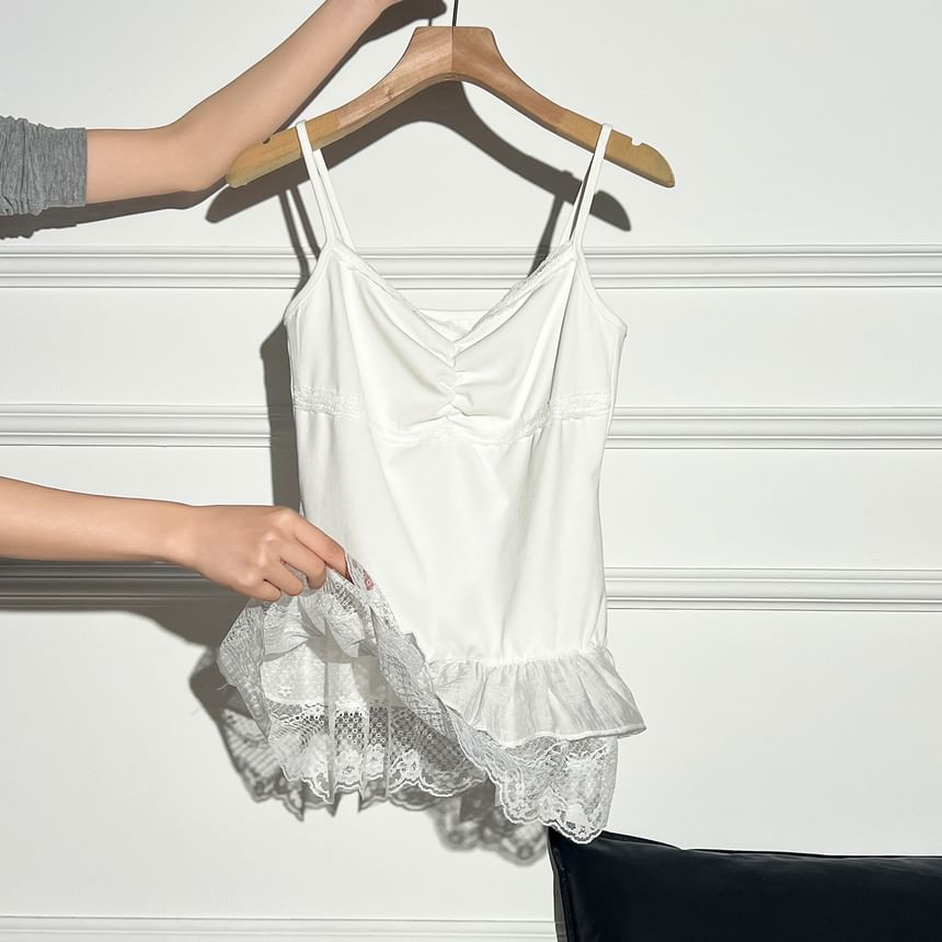 V-Neck Lace Panel Ruched Camisole Top / Plain Tie Front Crop Cardigan / Set