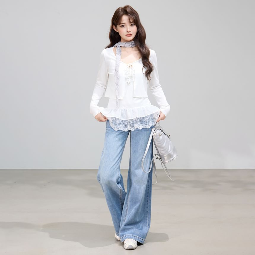 V-Neck Lace Panel Ruched Camisole Top / Plain Tie Front Crop Cardigan / Set