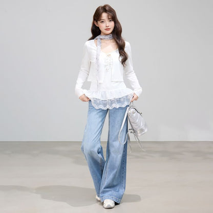 V-Neck Lace Panel Ruched Camisole Top / Plain Tie Front Crop Cardigan / Set