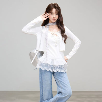 V-Neck Lace Panel Ruched Camisole Top / Plain Tie Front Crop Cardigan / Set