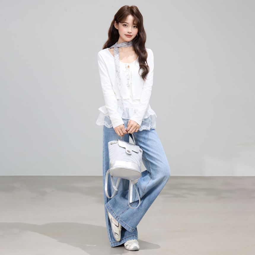 V-Neck Lace Panel Ruched Camisole Top / Plain Tie Front Crop Cardigan / Set