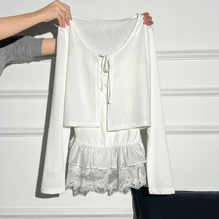 V-Neck Lace Panel Ruched Camisole Top / Plain Tie Front Crop Cardigan / Set