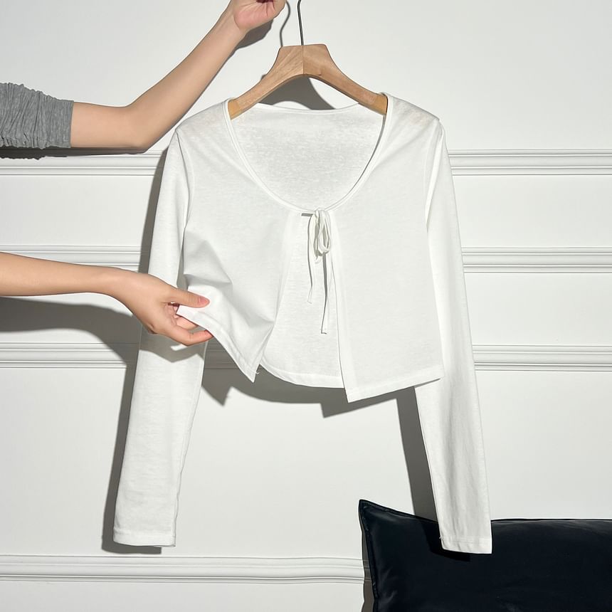 V-Neck Lace Panel Ruched Camisole Top / Plain Tie Front Crop Cardigan / Set