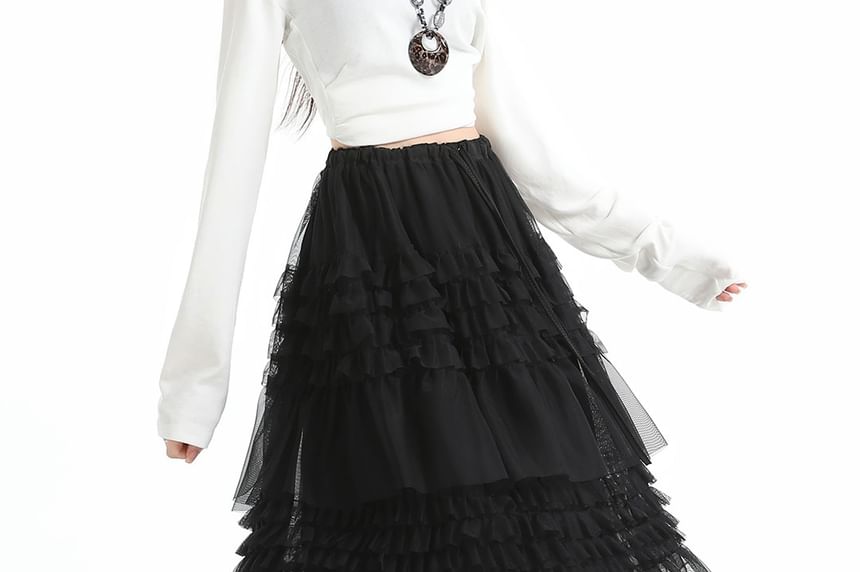 Black Mesh A-Line Skirt with Drawstring Waist - Altfashion Shop