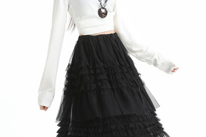 Black Mesh A-Line Skirt with Drawstring Waist - Altfashion Shop