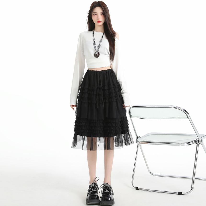 Black Mesh A-Line Skirt with Drawstring Waist - Altfashion Shop