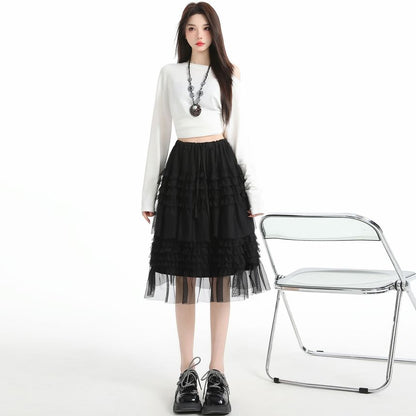 Black Mesh A-Line Skirt with Drawstring Waist - Altfashion Shop