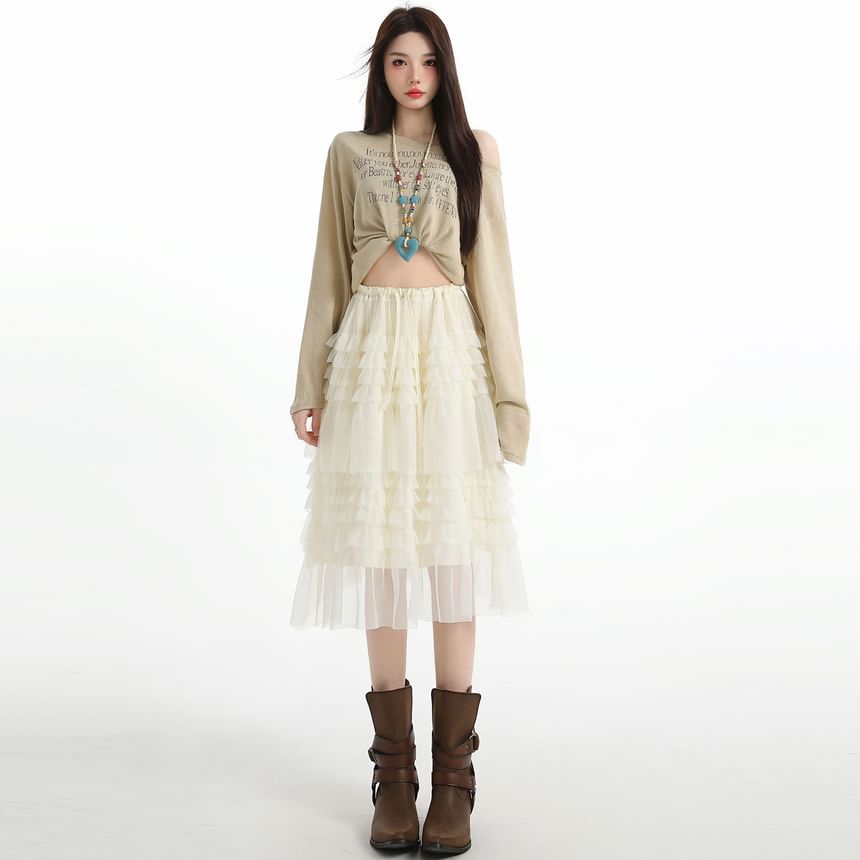 Black Mesh A-Line Skirt with Drawstring Waist - Altfashion Shop