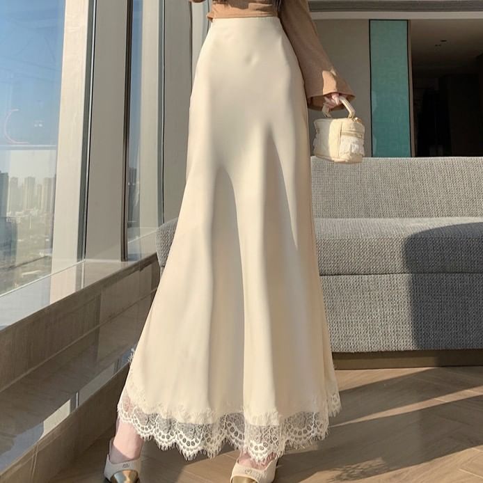 Black Lace Maxi Mermaid Skirt with High-Waist Panel - Altfashion Shop