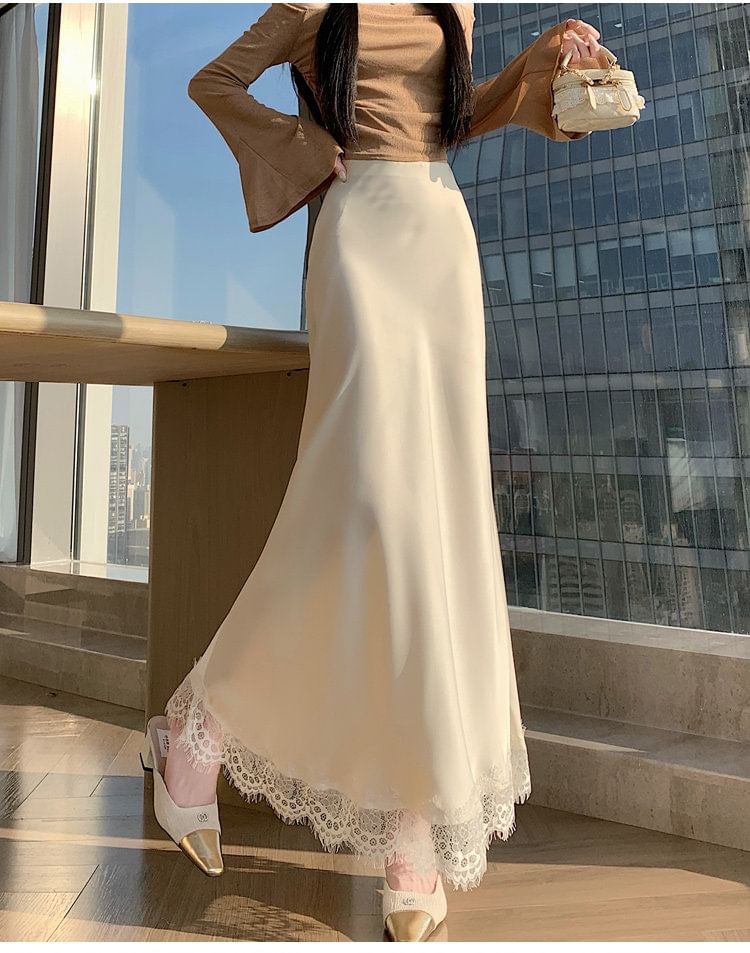 Black Lace Maxi Mermaid Skirt with High-Waist Panel - Altfashion Shop