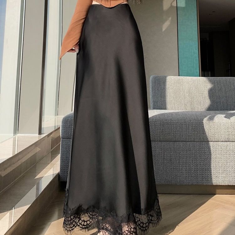 Black Lace Maxi Mermaid Skirt with High-Waist Panel - Altfashion Shop