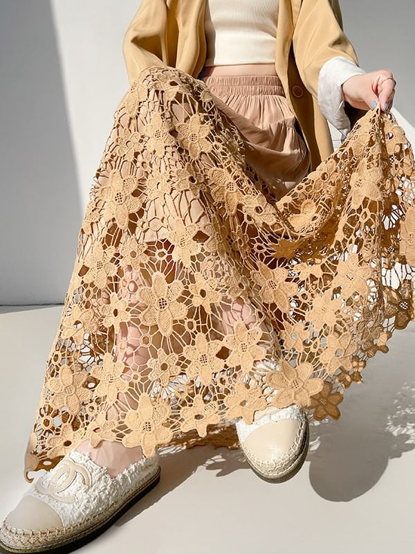 Ivory Crochet Lace Maxi A-Line Skirt with Tiered Panels