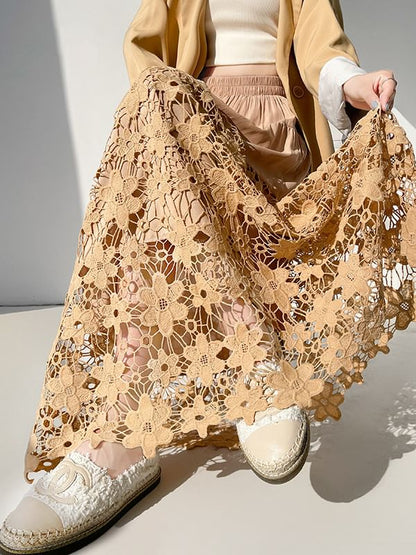 Ivory Crochet Lace Maxi A-Line Skirt with Tiered Panels