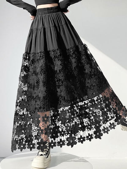 Ivory Crochet Lace Maxi A-Line Skirt with Tiered Panels