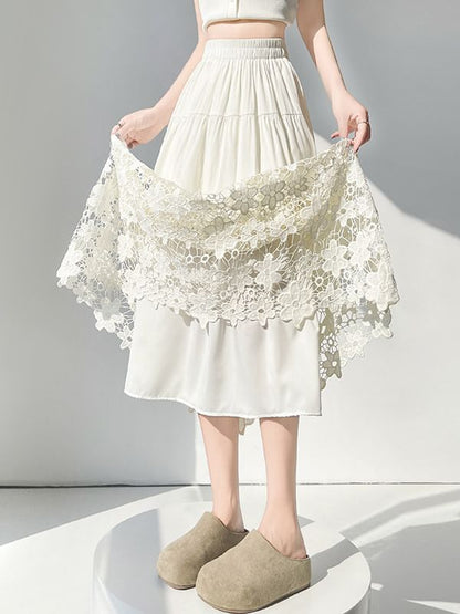 Ivory Crochet Lace Maxi A-Line Skirt with Tiered Panels