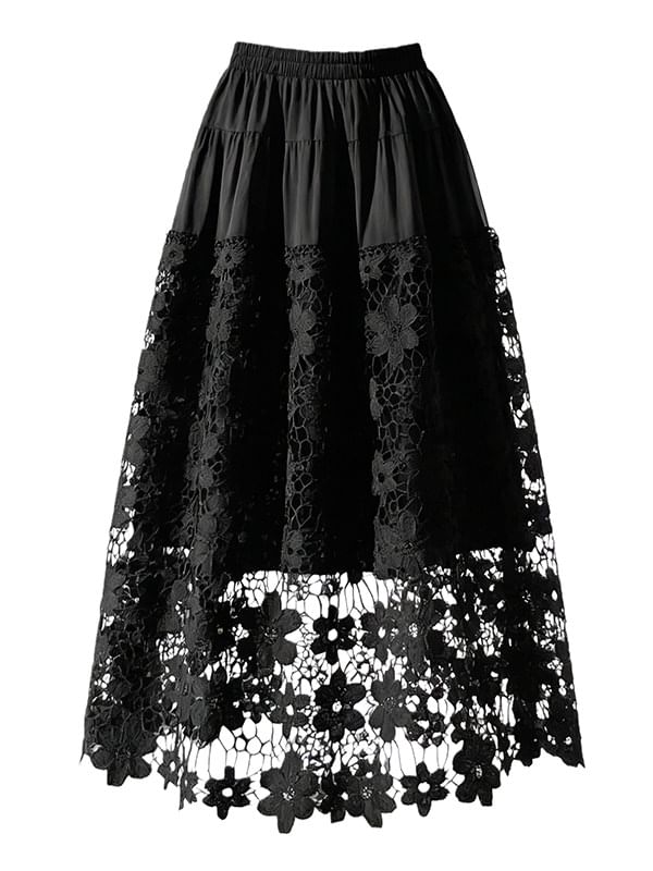 Ivory Crochet Lace Maxi A-Line Skirt with Tiered Panels