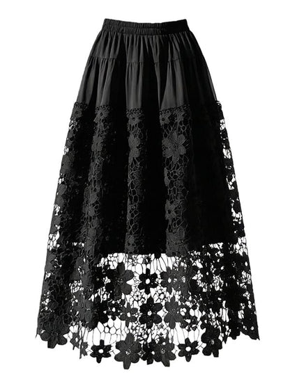 Ivory Crochet Lace Maxi A-Line Skirt with Tiered Panels