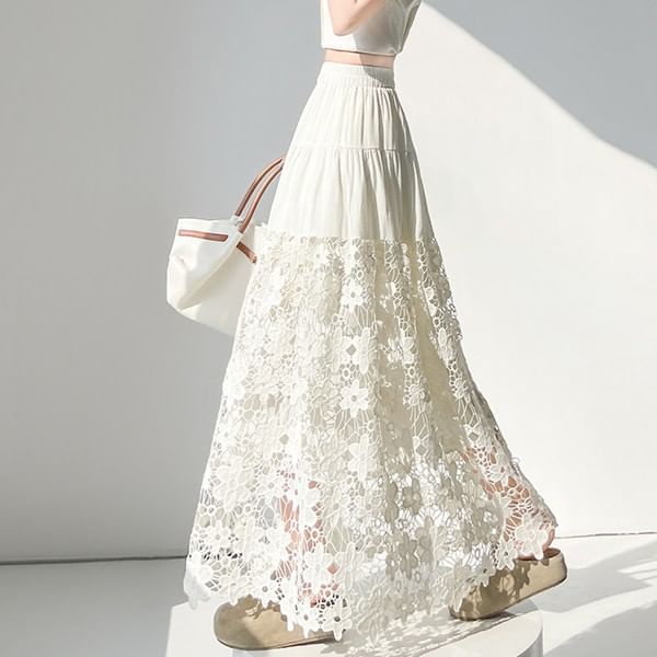 Ivory Crochet Lace Maxi A-Line Skirt with Tiered Panels