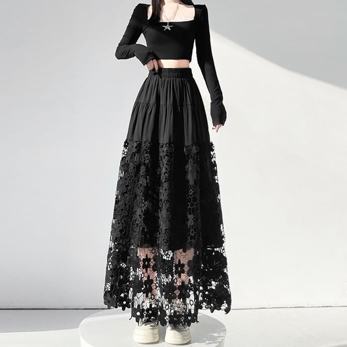 Ivory Crochet Lace Maxi A-Line Skirt with Tiered Panels
