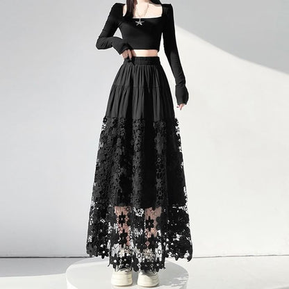 Ivory Crochet Lace Maxi A-Line Skirt with Tiered Panels