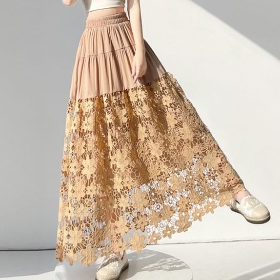 Ivory Crochet Lace Maxi A-Line Skirt with Tiered Panels