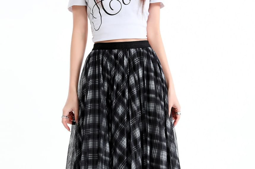 Black Checkered High-Waist Flared Maxi Skirt - Altfashion Shop
