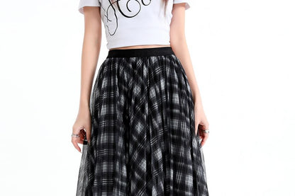 Black Checkered High-Waist Flared Maxi Skirt - Altfashion Shop