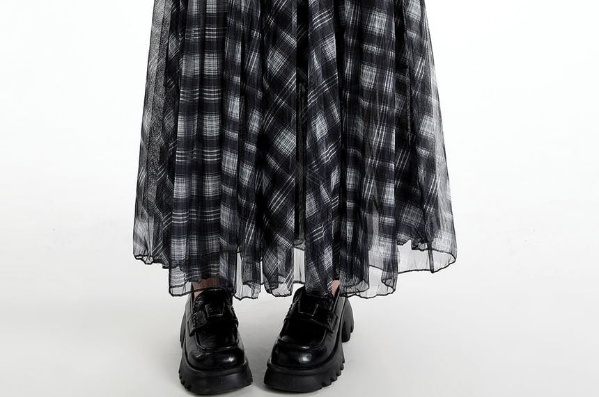 Black Checkered High-Waist Flared Maxi Skirt - Altfashion Shop