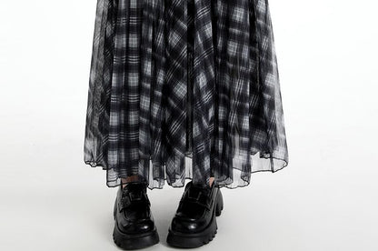 Black Checkered High-Waist Flared Maxi Skirt - Altfashion Shop