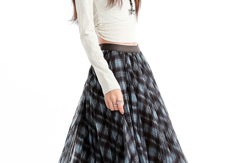 Black Checkered High-Waist Flared Maxi Skirt - Altfashion Shop