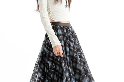 Black Checkered High-Waist Flared Maxi Skirt - Altfashion Shop