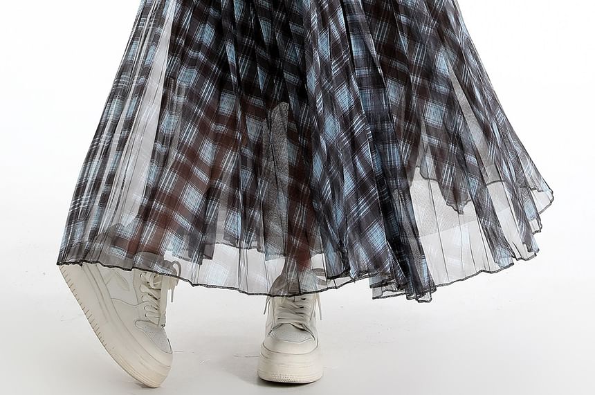 Black Checkered High-Waist Flared Maxi Skirt - Altfashion Shop
