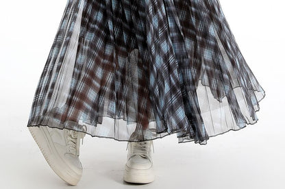 Black Checkered High-Waist Flared Maxi Skirt - Altfashion Shop