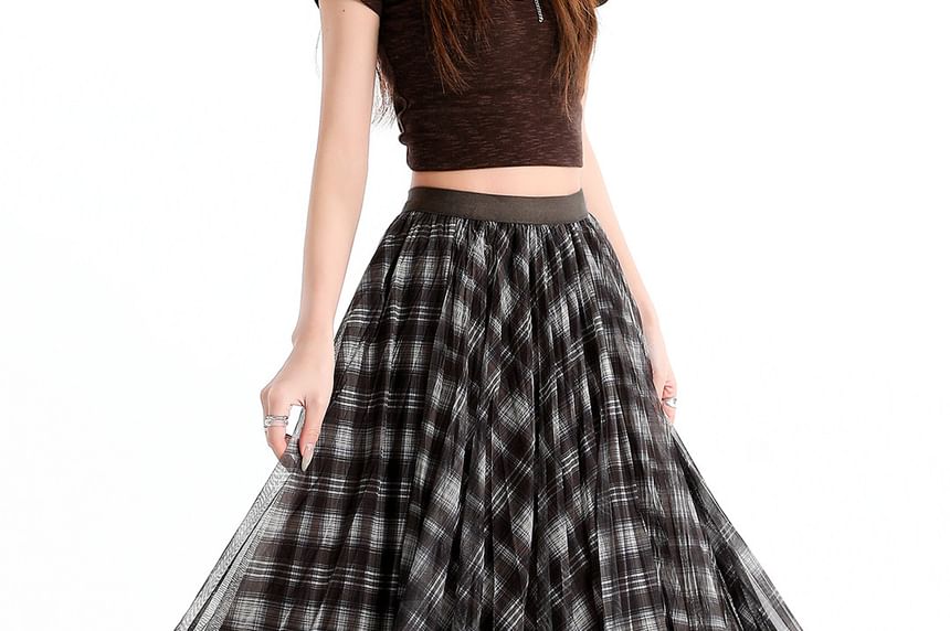 Black Checkered High-Waist Flared Maxi Skirt - Altfashion Shop