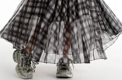 Black Checkered High-Waist Flared Maxi Skirt - Altfashion Shop