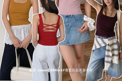 Padded Tank Top with Square Neck and Solid Color