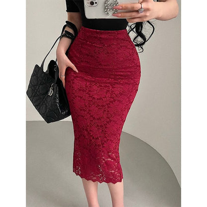 Black Lace High-Waisted Midi Pencil Skirt with Side Slit - Altfashion Shop