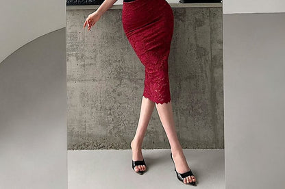 Black Lace High-Waisted Midi Pencil Skirt with Side Slit - Altfashion Shop