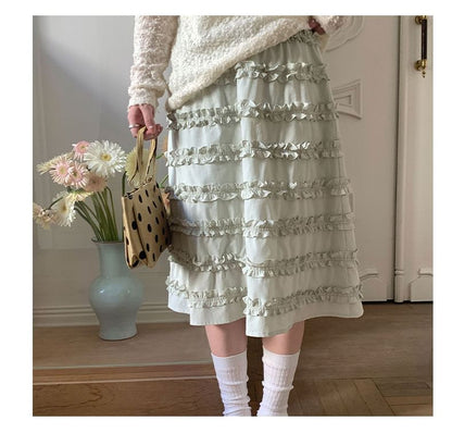 Black Elastic Waist A-Line Midi Skirt with Frill Trim